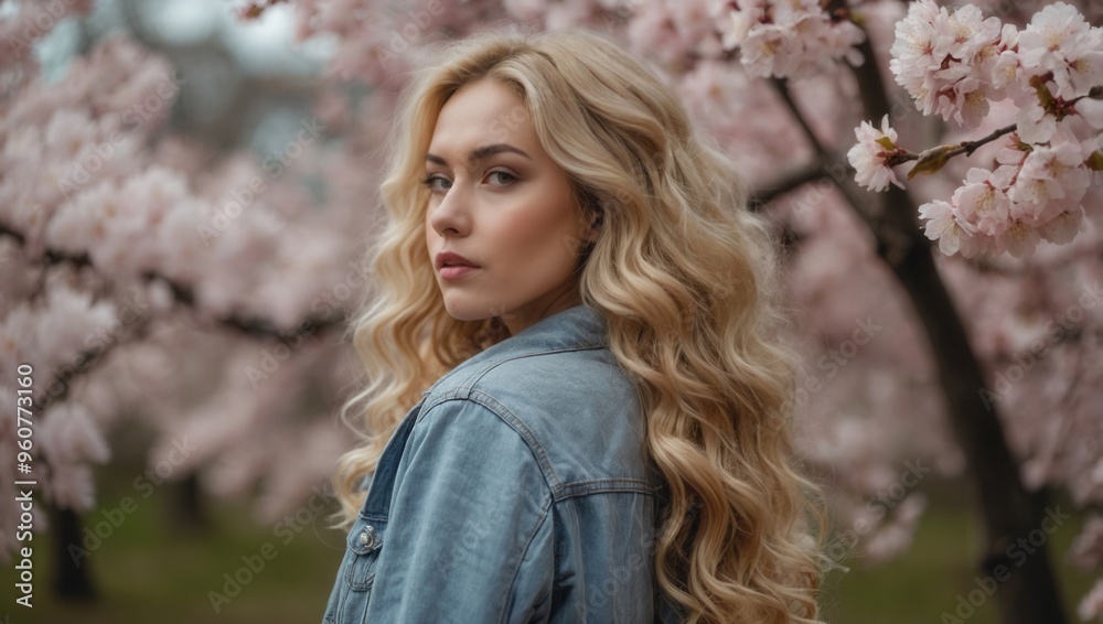 A woman with long blonde hair stands in front of a tree with pink blossoms A woman with long blonde hair stands in front of a tree with pink blossoms