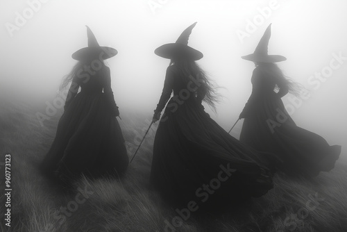 Three mysterious witches gather in a foggy forest at midnight, casting enigmatic shadows with their long black robes and pointed hats