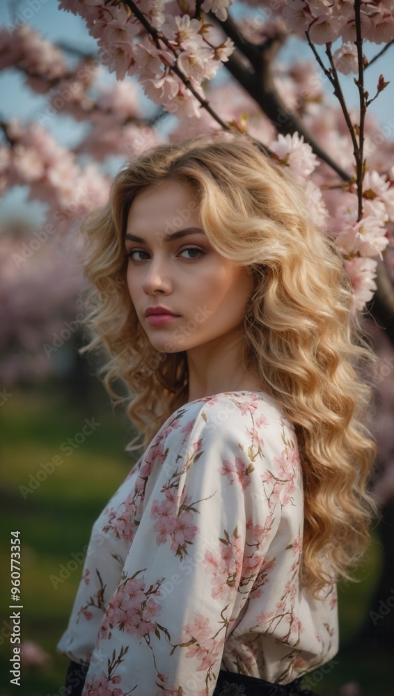 Fototapeta premium A woman with long blonde hair stands in front of a tree with pink blossoms