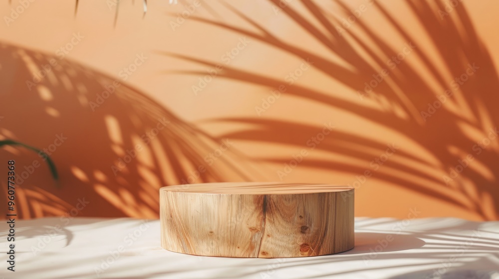 Podium made of wood on orange backdrop with palm tree shadow for showcasing beauty items Podium made of wood on orange backdrop with palm tree shadow for showcasing beauty items