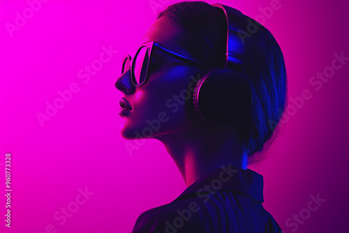 Fashionable Woman with Black Headphones and Solid Neon Purple Accents, Captured in a Solid Background Lifestyle Portrait