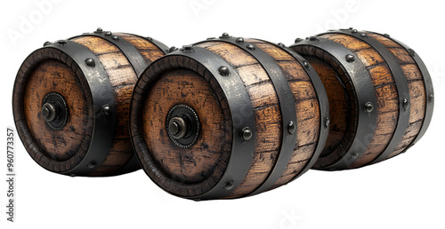 Three wooden barrels secured with metal rings, arranged neatly, showcasing their rustic charm and sturdy construction. photo