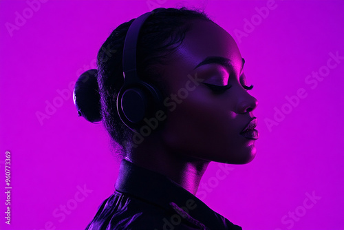 Stylish Woman Wearing Black Headphones with Solid Neon Purple Details, Captured in a Fashionable Solid Background Lifestyle Portrait