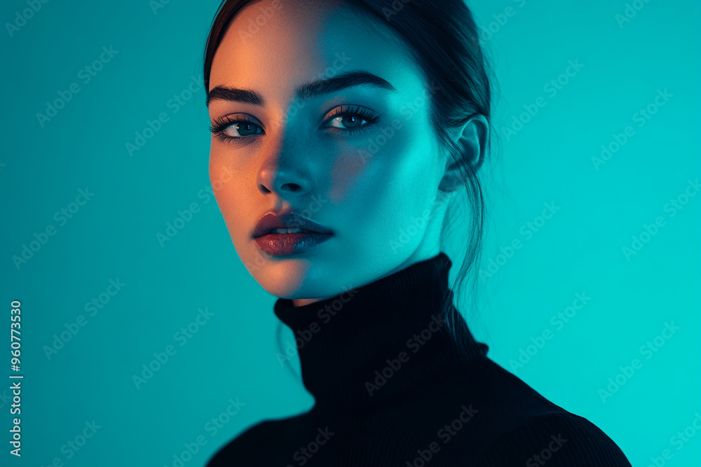 Stylish Woman Wearing Black Turtleneck with Solid Neon Aqua Highlights, Featured in a Solid Background for a Chic Lifestyle Portrait Stylish Woman Wearing Black Turtleneck with Solid Neon Aqua Highlights, Featured in a Solid Background for a Chic Lifestyle Portrait