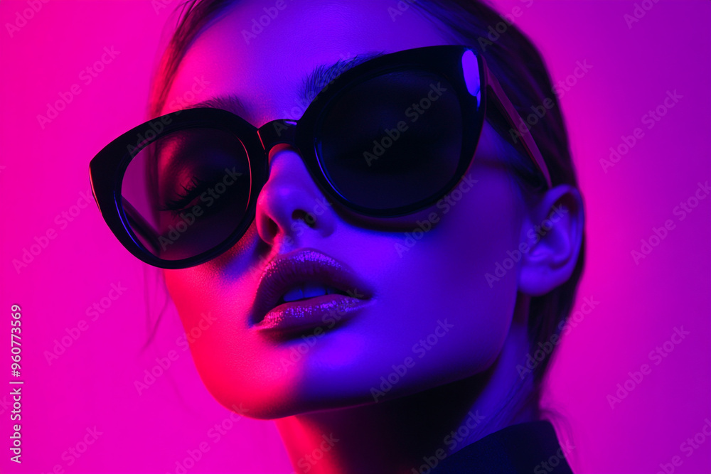 Trendy Woman in Black Eyewear with Neon Purple Details, Captured in a Solid Background for a Stylish Lifestyle Portrait Trendy Woman in Black Eyewear with Neon Purple Details, Captured in a Solid Background for a Stylish Lifestyle Portrait