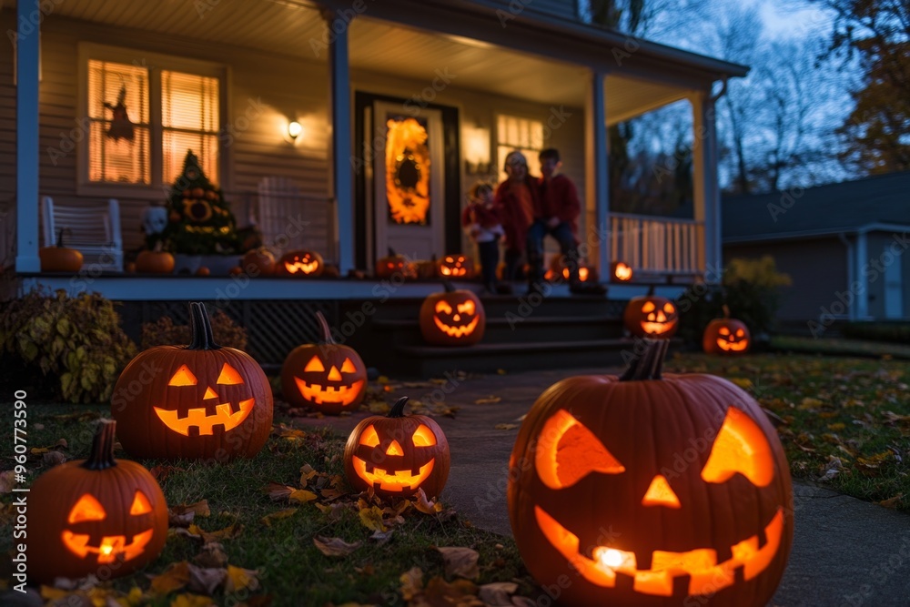 Glowing jack-o'-lanterns illuminate cozy halloween front porch scene