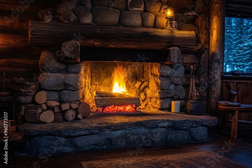 Cozy rustic cabin fireplace with glowing fire and stacked wood in winter