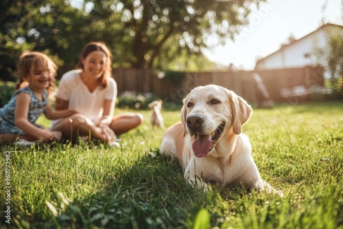 Happy family playing with labrador in sunny backyard