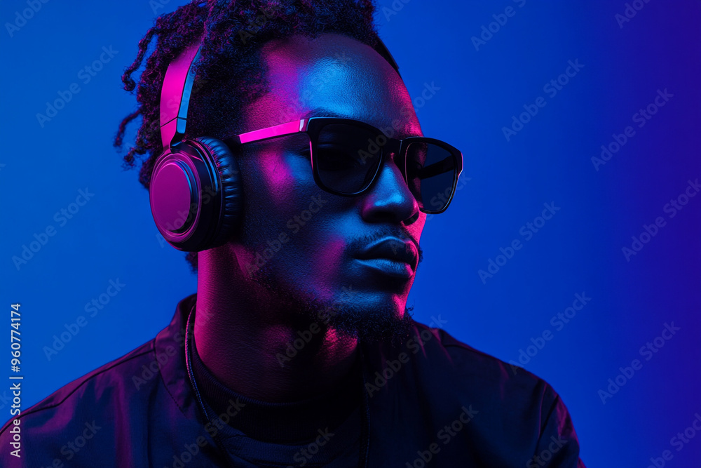 Modern Man Wearing Black Headphones with Solid Neon Blue Highlights, Featured in a Solid Background for a Trendy Lifestyle Portrait Modern Man Wearing Black Headphones with Solid Neon Blue Highlights, Featured in a Solid Background for a Trendy Lifestyle Portrait