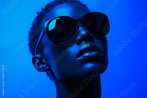 Trendy Man with Black Eyewear and Solid Neon Blue Details, Captured in a Solid Background Lifestyle Portrait