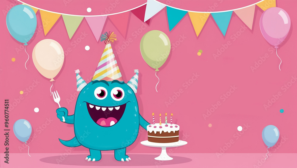 Fototapeta premium cute cartoon monster with cake, birthday flat design illustration