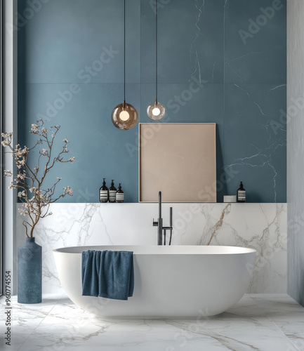 luxury bathroom with blue color painted wall  and white stand alone bathtub and white marble  tiles  and gold  accessories 