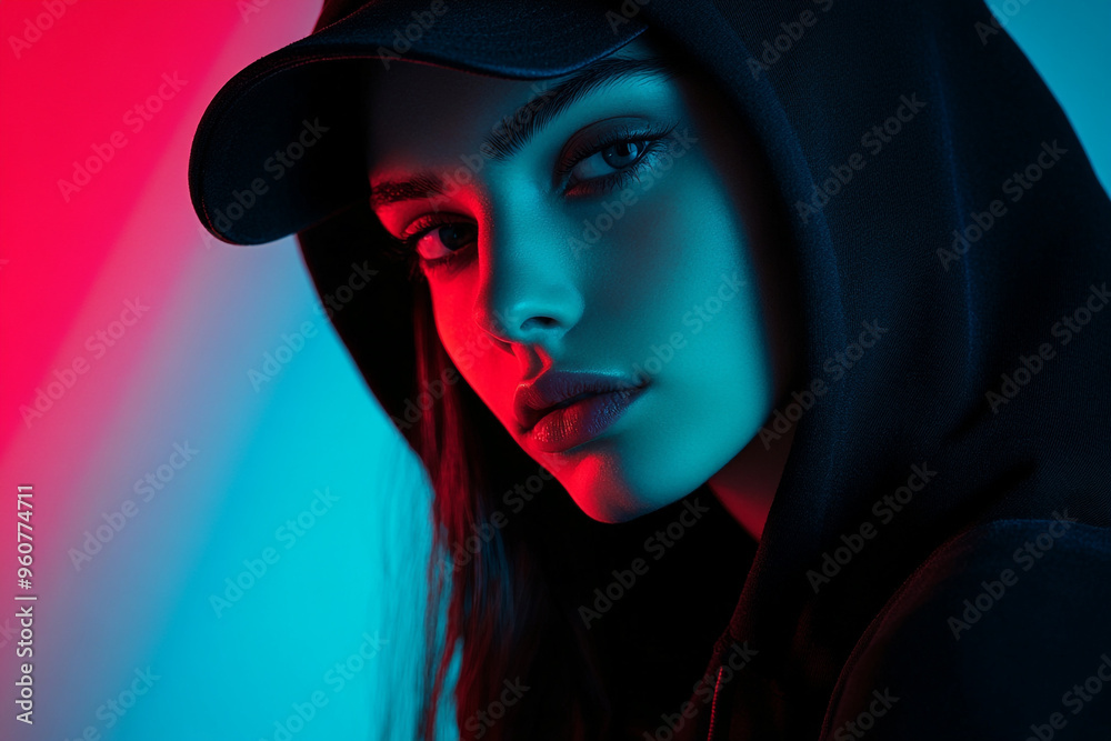 Fashionable Woman in Black Hoodie with Solid Neon Blue Highlights, Captured in a Solid Background Lifestyle Portrait Fashionable Woman in Black Hoodie with Solid Neon Blue Highlights, Captured in a Solid Background Lifestyle Portrait
