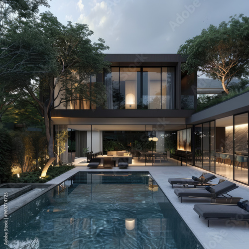 Wallpaper Mural the modern mansion pool villa 3d landscape design of the exterior and pool area rendering presentation  Torontodigital.ca