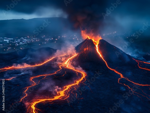 Active volcano erupts with flowing lava at night above illuminated nearby village showcasing nature's power