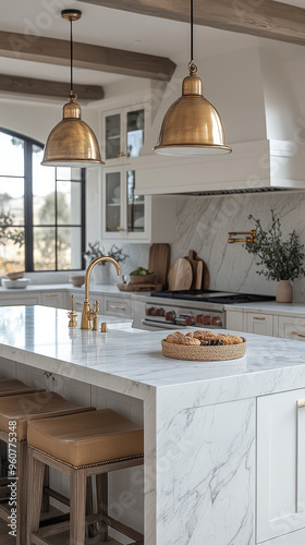 luxury white neutral home with white marble and copper trim , big door and windows to get all natural light into the kitchen 