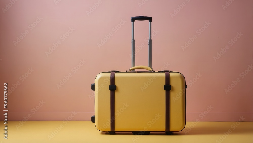 A yellow suitcase with wheels sits on a yellow and pink background A yellow suitcase with wheels sits on a yellow and pink background