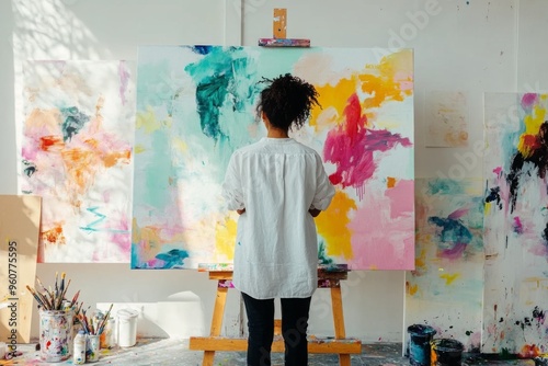 Artist painting in vibrant colors on large canvas in studio settings