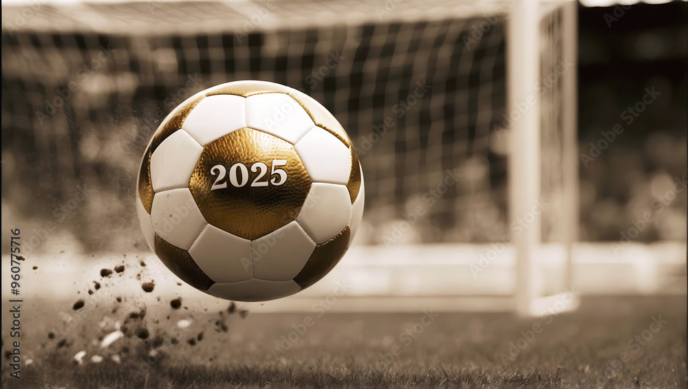 happy new 2025 year soccer themed, football background, sport concept, template, soccer field