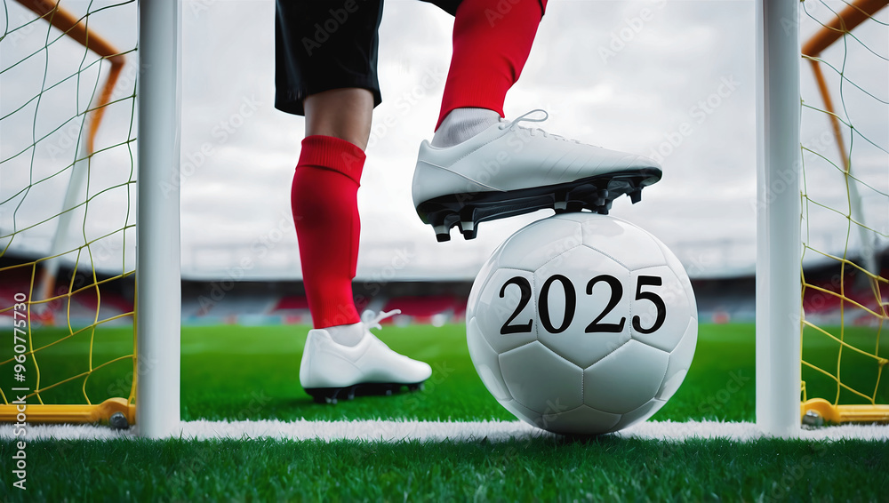 happy new 2025 year soccer themed, football background, sport concept, template, soccer field