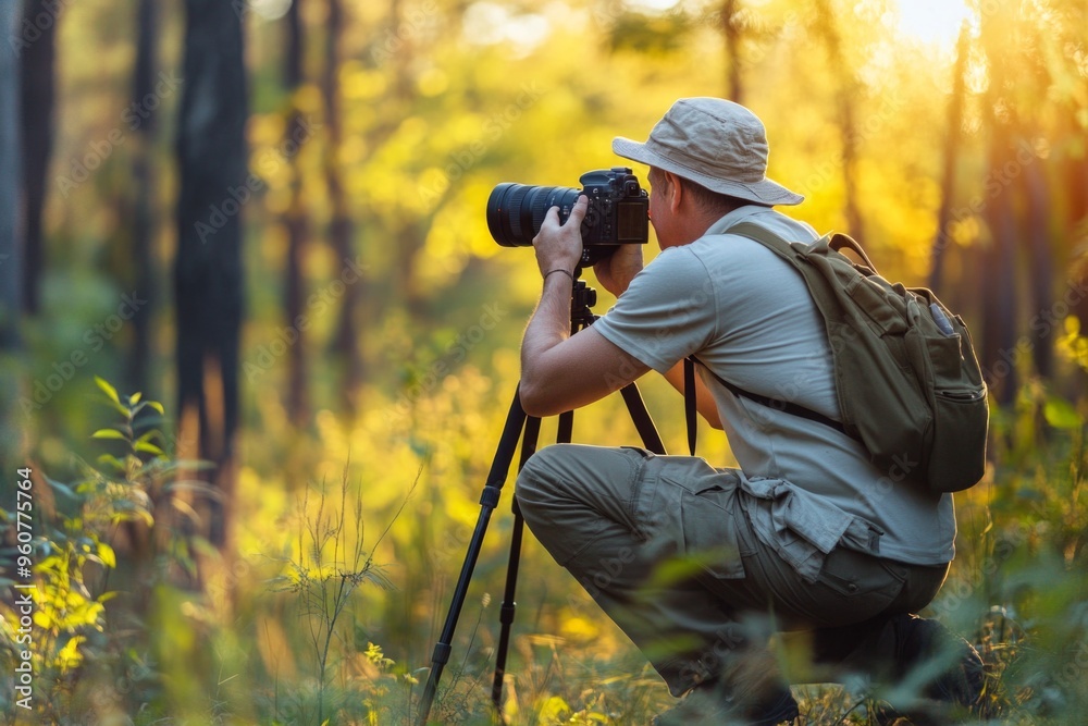 Nature photographer capturing golden hour in forest with professional camera Nature photographer capturing golden hour in forest with professional camera