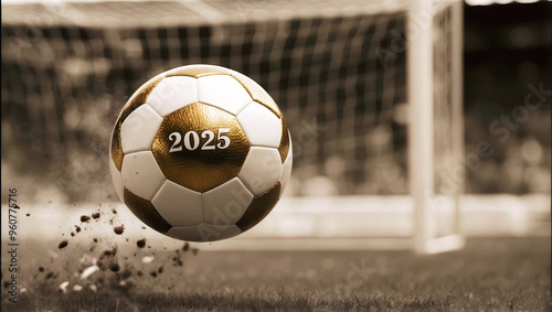 Obraz na płótnie happy new 2025 year soccer themed, football background, sport concept, template, soccer field w salonie