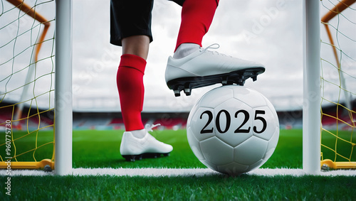 Obraz na płótnie happy new 2025 year soccer themed, football background, sport concept, template, soccer field w salonie