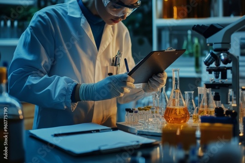 Scientist conducting laboratory research with chemical samples and equipment photo