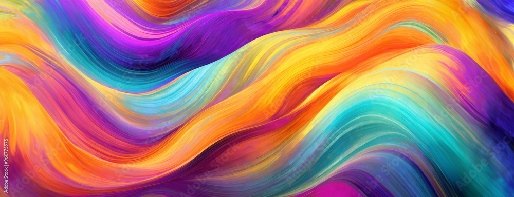 Abstract iridescent shapes with flowing colors of purple, yellow, and teal, softly blending together to create a smooth, vibrant composition. Panorama with copy space. Abstract iridescent shapes with flowing colors of purple, yellow, and teal, softly blending together to create a smooth, vibrant composition. Panorama with copy space.