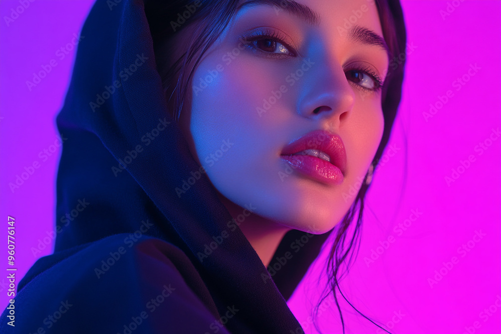Fashionable Woman with Black Hoodie and Solid Neon Purple Details, Captured in a Contemporary Lifestyle Portrait Fashionable Woman with Black Hoodie and Solid Neon Purple Details, Captured in a Contemporary Lifestyle Portrait