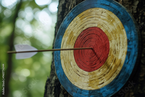 Precision in Sport: Arrow Firmly Stuck in Archery Target photo