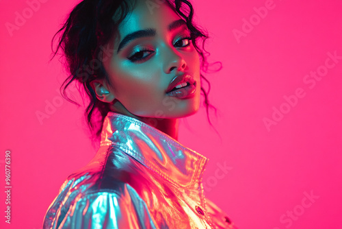 Stylish Woman with Metallic Silver Jacket and Solid Neon Pink Accents, Captured in a Modern Lifestyle Portrait