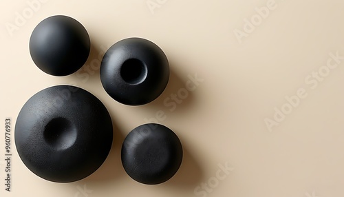 The arrangement of four black objects of different sizes on a pale background presents a symmetrical and harmonious visual effect, constituting a simple aesthetic feeling. photo