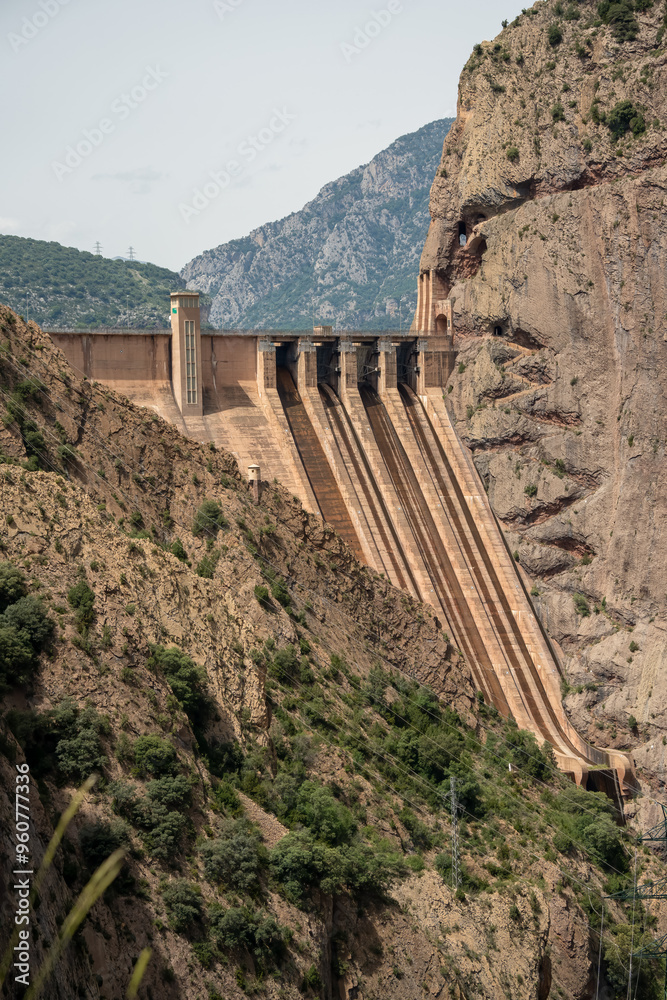 large concrete water reservoir dam, Presa d-Escales (Escala dam) of the Escales reservoir, near Pont de Suert, Spanish Pyrenees large concrete water reservoir dam, Presa d-Escales (Escala dam) of the Escales reservoir, near Pont de Suert, Spanish Pyrenees