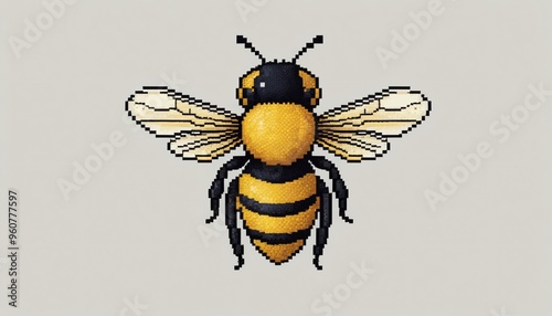 Pixel illustration d'abeille jaune noire aile fond gris photo