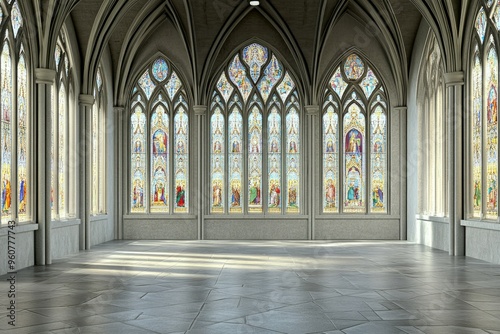 A spacious interior with stained glass windows  showcasing intricate designs and colorful light.