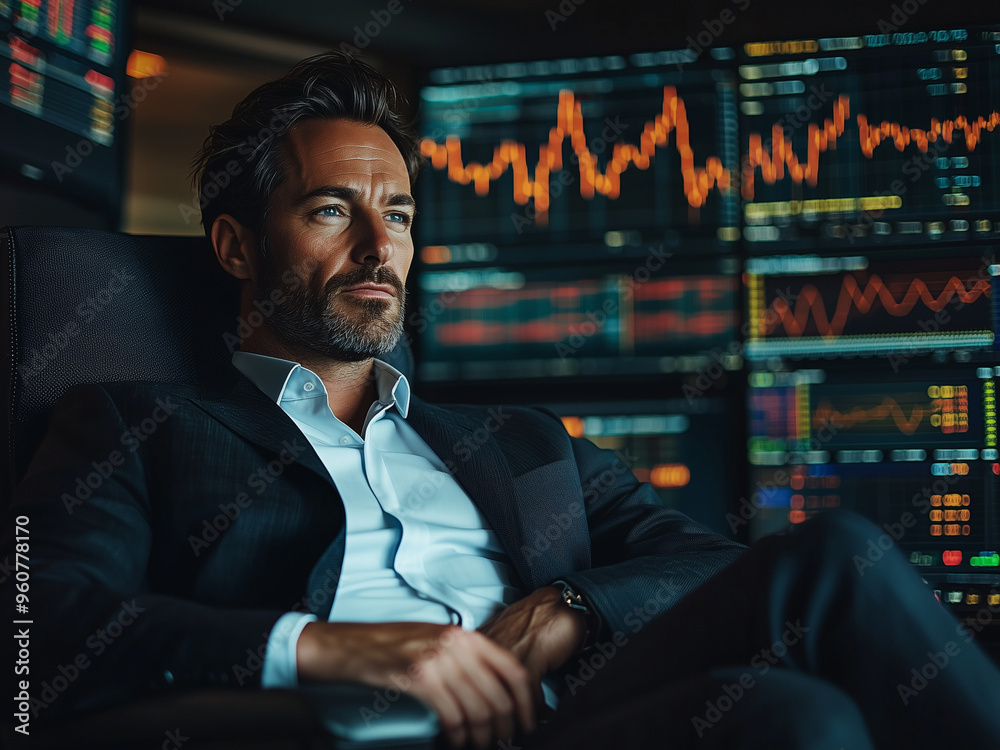 Fototapeta premium Successful Trader - businessman, stock market, finance, trading, office, monitors, financial analyst, stocks, data, charts, investment, suit, serious, professional
