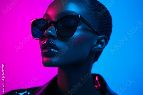 Elegant Woman with Black Eyewear and Solid Neon Blue Details, Featured in a Modern Lifestyle Portrait