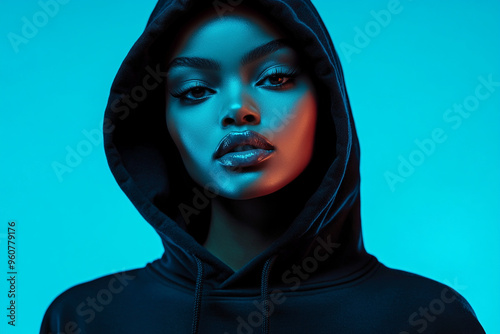 Stylish Woman Wearing Black Hoodie with Solid Neon Blue Highlights, Captured in a Trendy Lifestyle Portrait