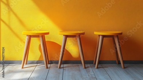 Three yellow wooden stools against a yellow wall with light streaming in.