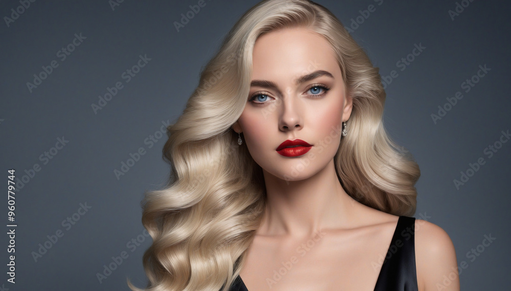Naklejka premium Elegant woman with Blonde Hairstyle on Grey Background - Fashion Portrait