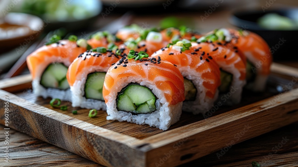 Closeup of salmon sushi rolls with cucumber, avocado, and black sesame seeds on a wooden plate. Closeup of salmon sushi rolls with cucumber, avocado, and black sesame seeds on a wooden plate.