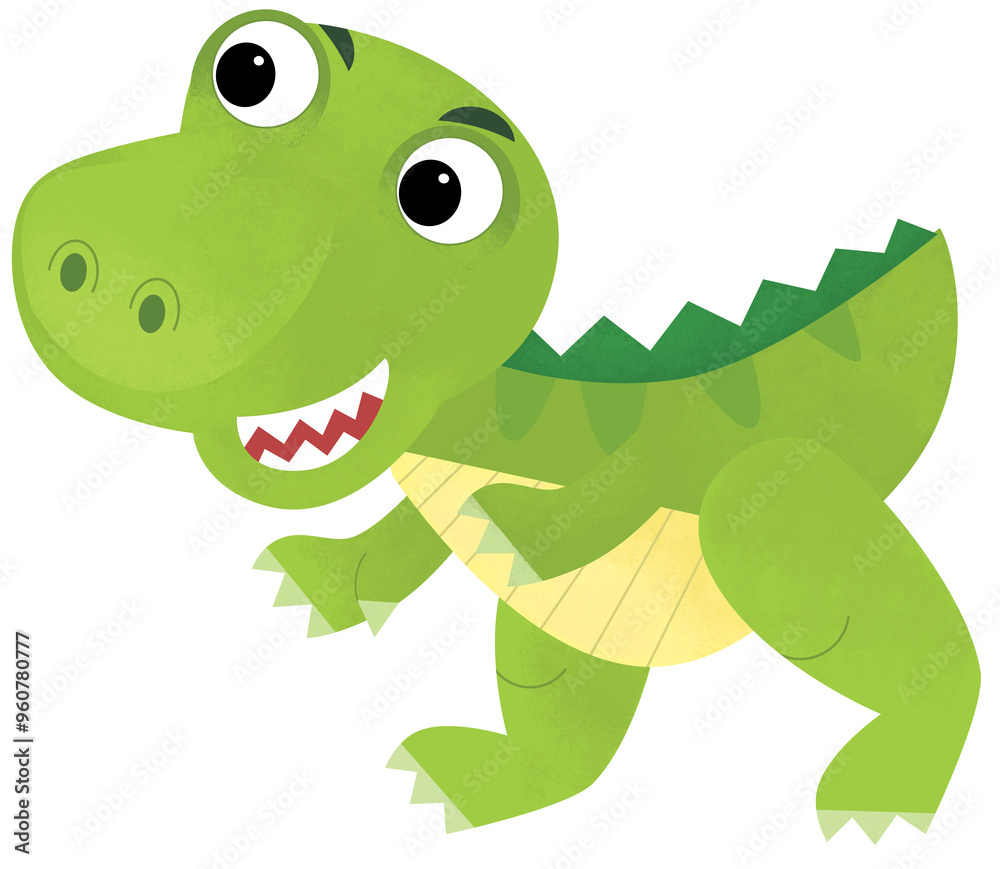 Naklejka premium cartoon scene with happy prehistoric animal tyrannosaurus rex smiling and walking isolated on white background illustration for children