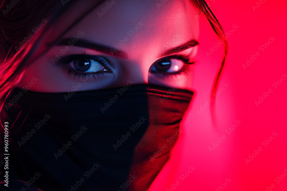 Trendy Woman in Black Face Mask with Solid Neon Red Accents, Featured in a Modern Lifestyle Portrait Trendy Woman in Black Face Mask with Solid Neon Red Accents, Featured in a Modern Lifestyle Portrait