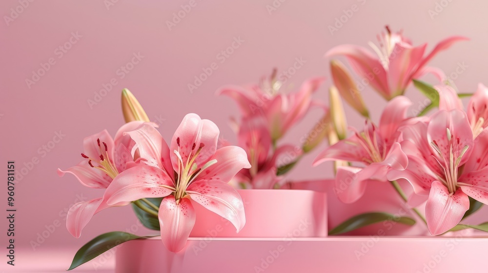 Obraz premium Podium adorned with pink lilies on a pink backdrop for showcasing cosmetics, designs, and products. Perfect for Valentine's Day, Mother's Day, Women's Day, and holidays.