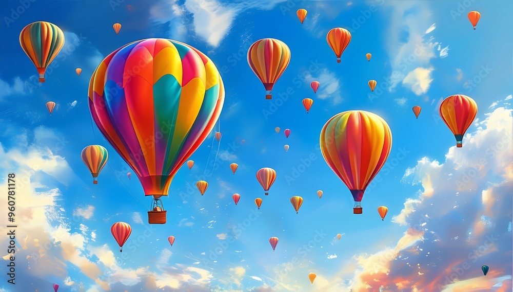 Fototapeta premium Colorful hot air balloons soar in the blue sky, exuding an atmosphere of joy and dreams, showing their unique artistic charm.