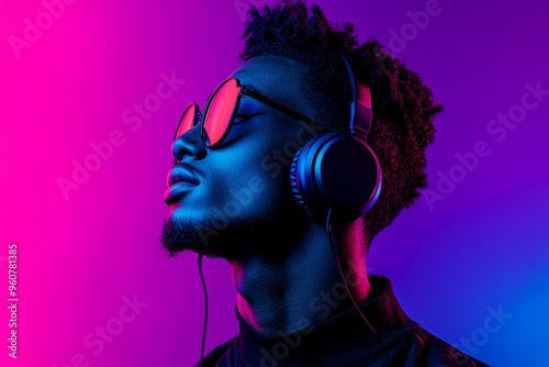 Modern Man Wearing Black Headphones with Solid Neon Purple Details, Captured in a Fashionable Lifestyle Portrait