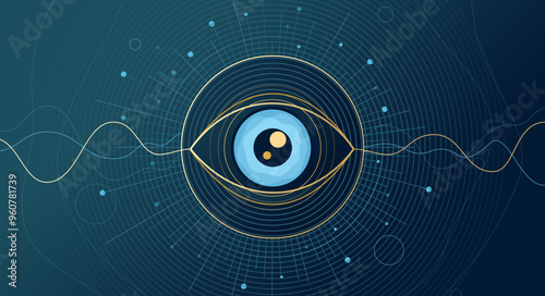 Abstract digital globe with an eye wide open surrounded by glowing particles, illustrating concepts of technology, security, connectivity, global data, telecommunication networks, data connection