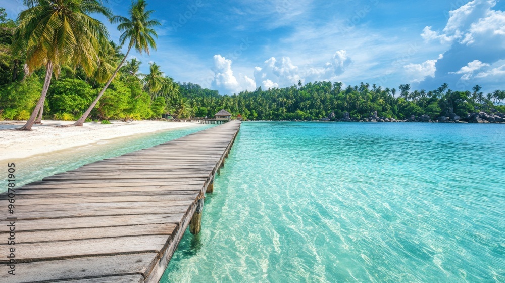 A beautiful beach with palm trees and a pier A beautiful beach with palm trees and a pier