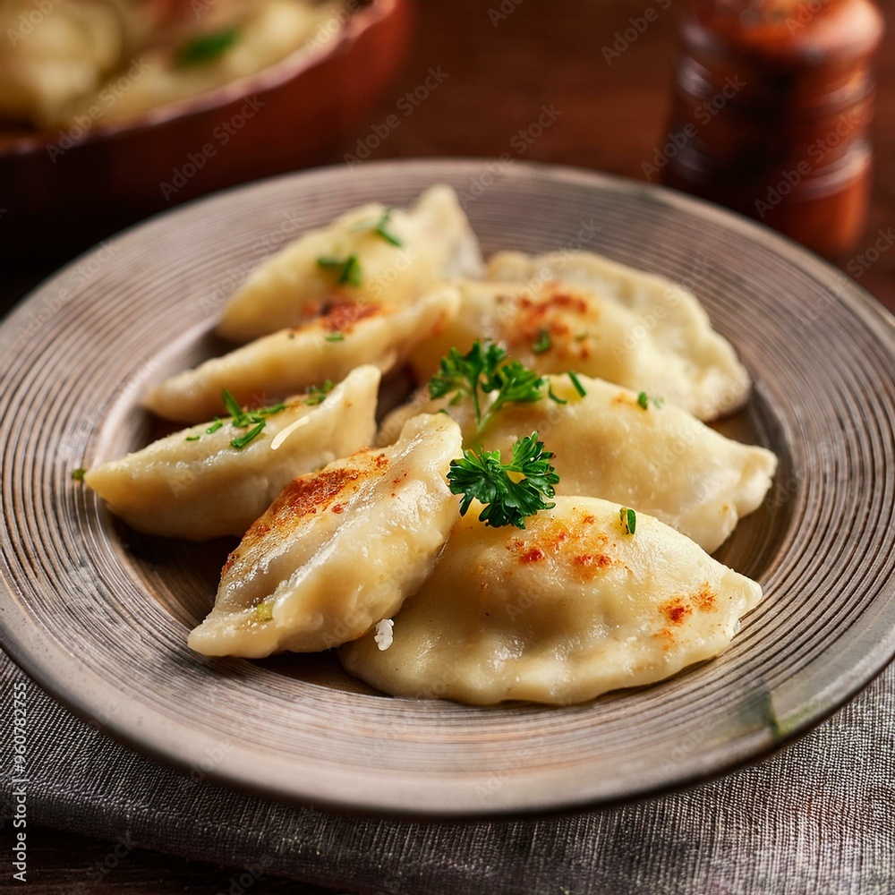 Close-up of a plate of traditional Polish pierogi filled with cheese and potatoes Close-up of a plate of traditional Polish pierogi filled with cheese and potatoes